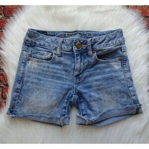American Eagle Outfitters Midi Denim Shorts Super Stretch Distressed Raw Hem 0